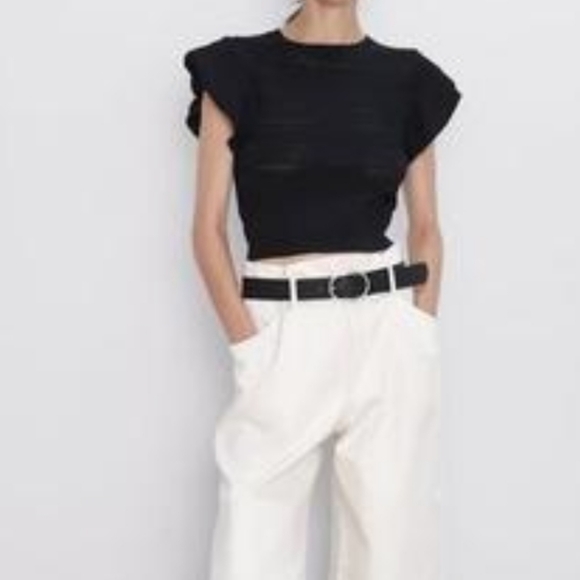 ZARA NWT Crop Top Pointelle w Double Ruffle Sleeve Large - Picture 6 of 16